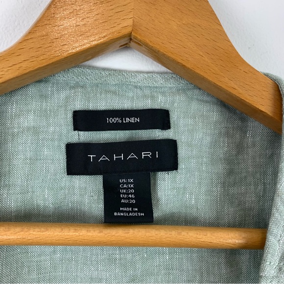 Tahari 100% Linen Green Lagenlook Shirt Size 1X Tab Sleeves - Picture 4 of 12
